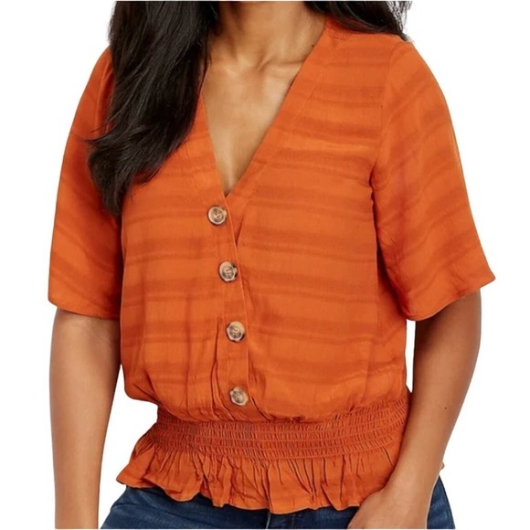 Maurices Smock Ruffle Trim Button Front V-Neck Blouse Rust Orange Size Small - Picture 1 of 4